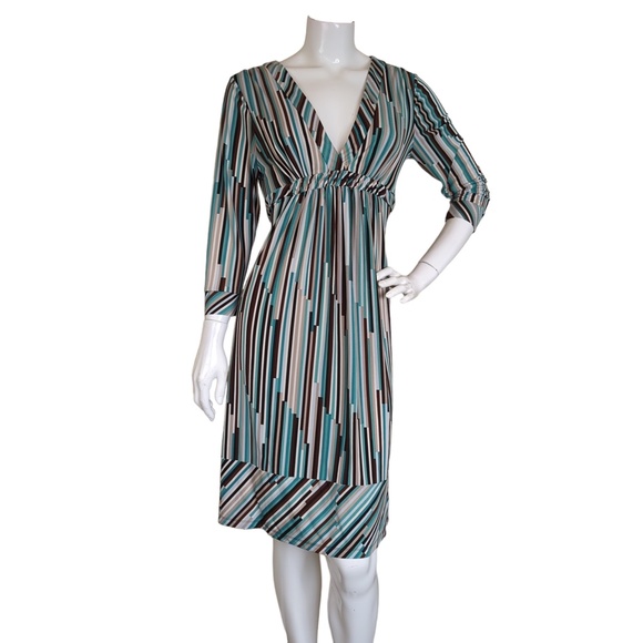 BCBGMaxAzria Retro Teal Blue Brown Striped Dress V Neck 3/4 Sleeves - Picture 3 of 13